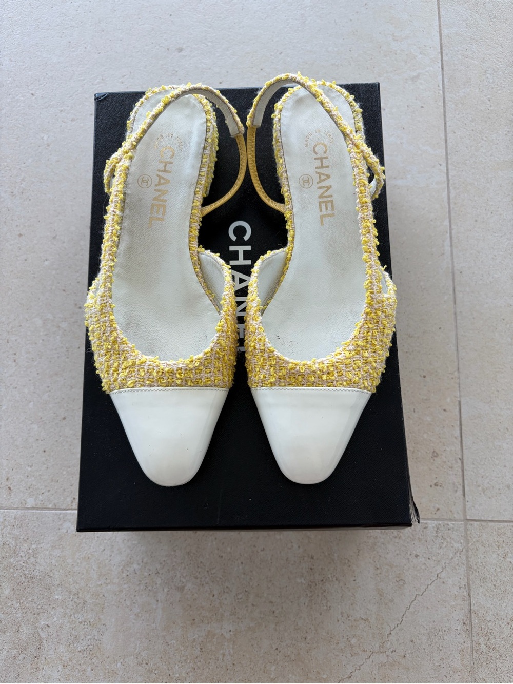 CHANEL Yellow Tweed and White Leather Slingback Flats
